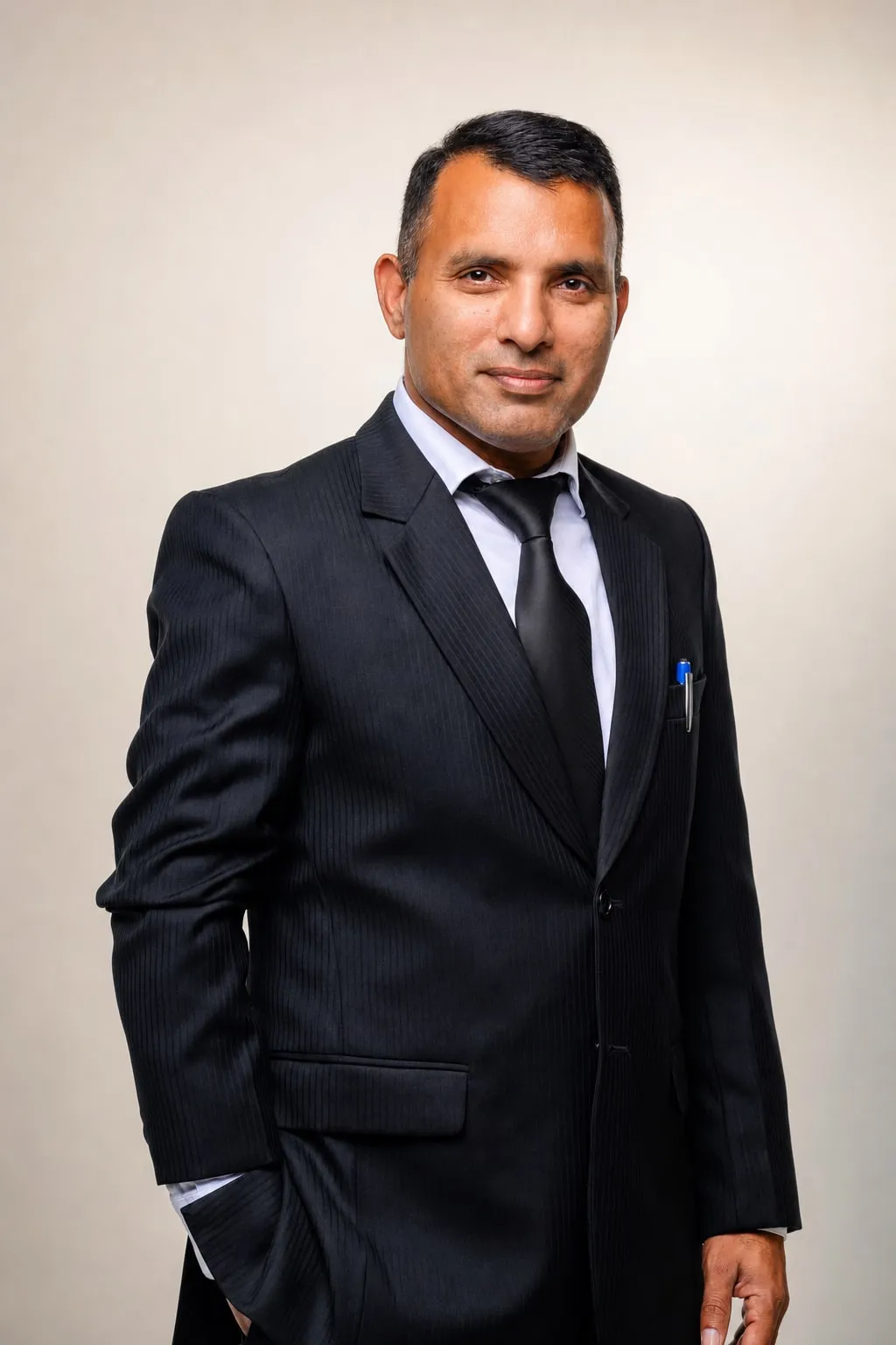 Kashif Wasim in a dark pinstripe suit and black tie, photographed against a light studio backdrop.